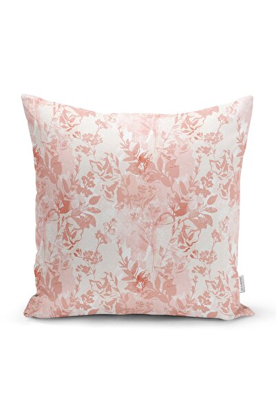 Realhomes Toz Pembe Çiçek Ve Yaprak Tasarım Dijital Baskılı Kırlent Kılıfı