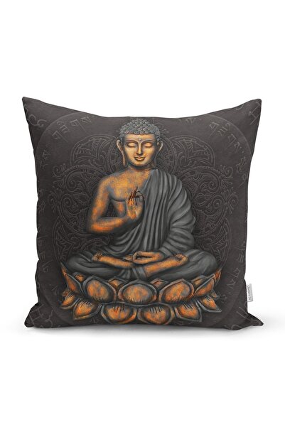 Realhomes Gri Zeminde Buda Heykeli Motifli Özel Tasarım Dikdörtgen Kırlent Kı...