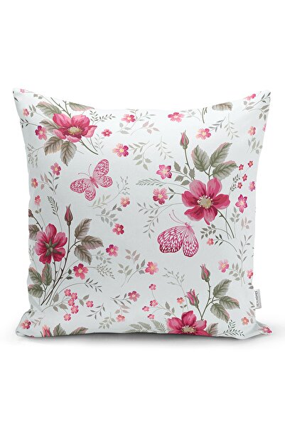 Realhomes Beyaz Zeminde Pembe Çiçekler Dijital Baskılı Modern Yastık Kırlent ...