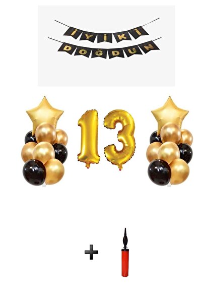 Şeker Adası 13 Year Old Gold Foil Balloon Party Set and Balloon Pump Skradaparti148