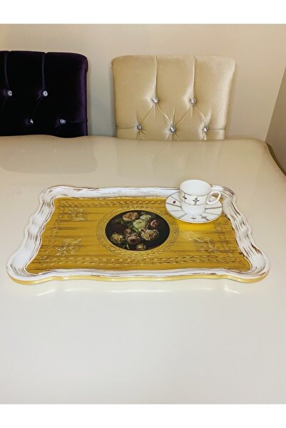 TURANLAR Ahşap Gül Ağacı Baskılı Gold Tepsi