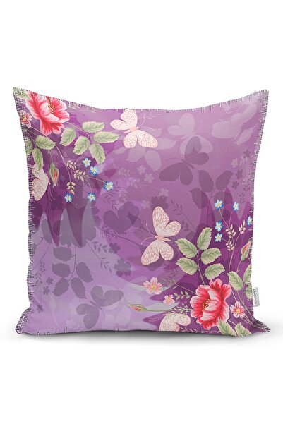 Realhomes Mor Zeminde Kelebek Desenli Dijital Baskılı Modern Yastık Kırlent K...