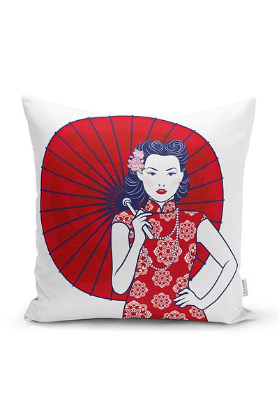 Realhomes Japanese Women's Motif Throw Pillow Cover with Red Umbrella on the Back
