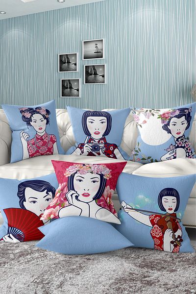 Realhomes Set de huse de pernă albastră, cu două fețe, cu design special, din 7 piese