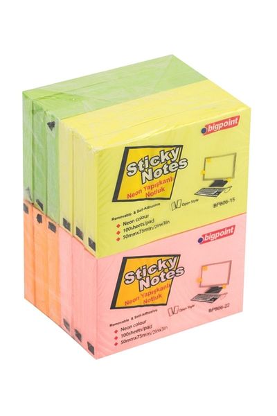 Bigpoint Adhesive Note Paper 75X50Mm Neon 4 Colors Pack of 12
