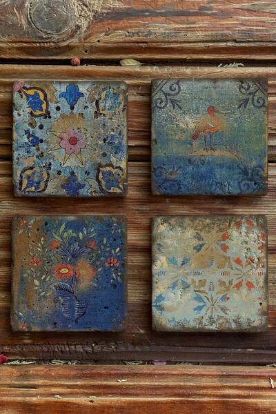 Oscar Stone Decor Baskılı Doğaltaş Bardak Altlığı 4'lü Set Desen Tile