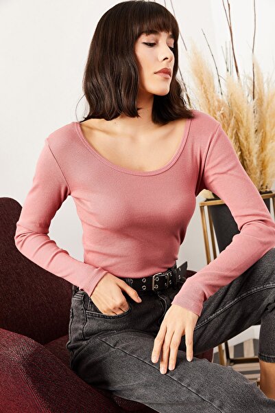 Olalook Kadın Gül Kurusu Geniş Yakalı Kaşkorse Bluz BLZ-19000722