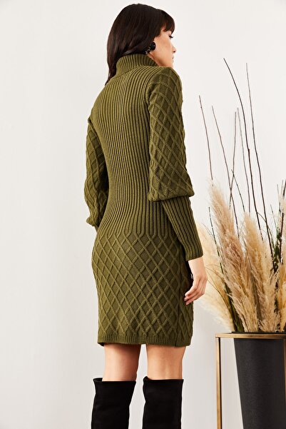 Olalook Kadın Haki Kol Ve Eteği Dokulu Triko Elbise ELB-19001302