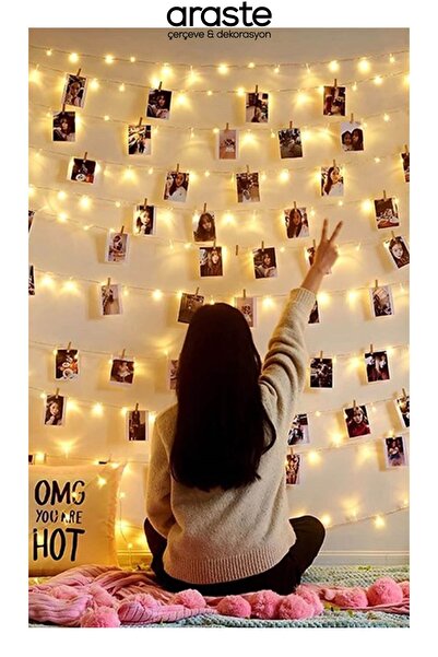 PARTİCİM SÜS EVİ Peri Led Işık Sarı Renk3 Metre +25 Adet Mini Ahşap Mandal