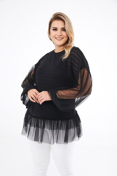 Seamoda Women's Black Knitwear Sweater with Tulle Sleeves and Hem