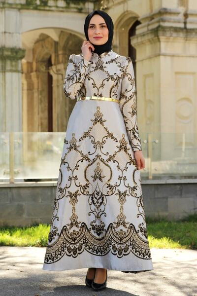 Feiza Collection Kadın Gold Brokar Kumaş Tesettür Abiye Elbise