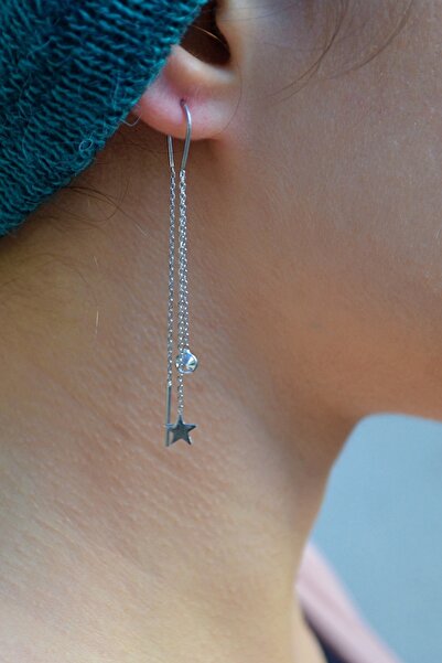 Argentum Concept 925 Ayar Gümüş Yıldızlı ve Taşlı Tasarım Zincir Küpe