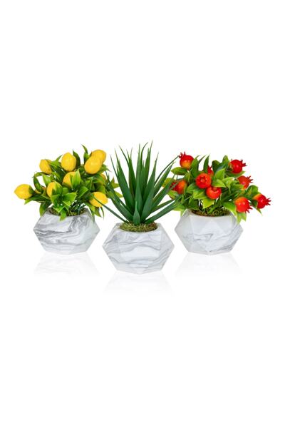 Çiçekmisin 3’lü Set Mermer Görünümlü Saksıda Yapay Bitkiler Limon Nar Aloevera