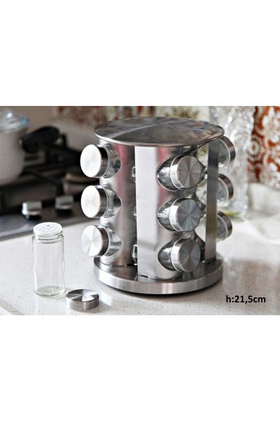 GÖNÜL Glass Spice Jar with Stainless Metal Rotating Stand Spice Set 12 Liters