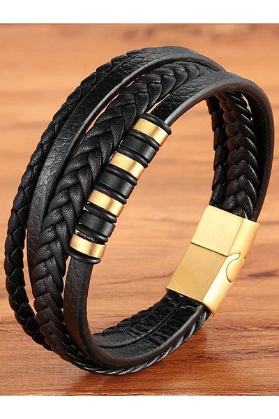 Erdem Men's Genuine Leather Straw Knitted Bracelet Black-gold