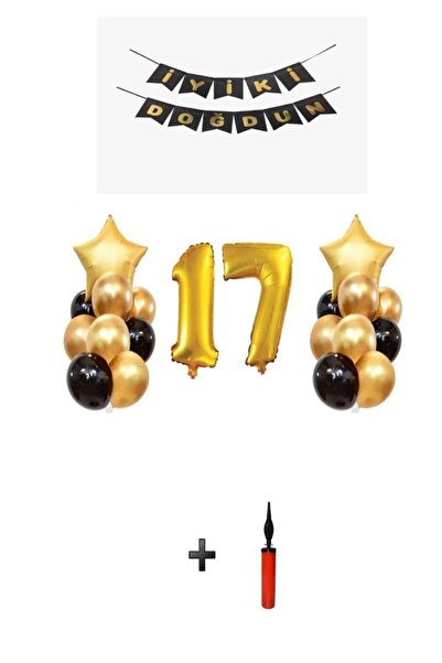 Şeker Adası 17 Years - Golden Gold Foil Balloon Party Set + Balloon Pump!!-- Skradaparti156