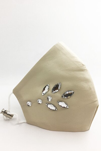 Vera Kadın  Bej Kumaş Taşlı Bej Pamuklu Kumaş Maske Çift Katlı Yıkanabilir Maske