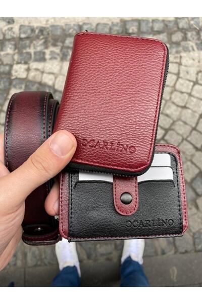 Carlino Bordo Dik Fermuarlı Erkek Cüzdan Kartlık Kemer Seti