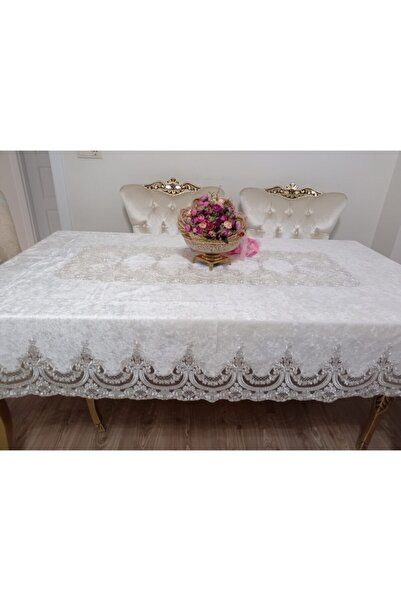HUZUR ÇEYİZ 8 Kişilik 160 X 220 Kadife Masa Örtüsü Fransız Güpür Krem Renk ( ...