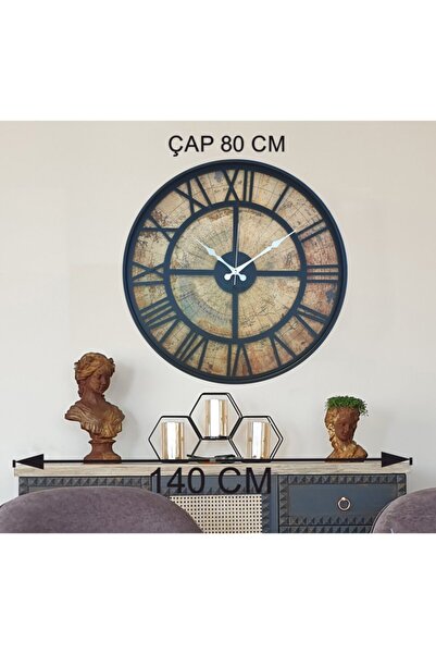 Markakanvas Siyah Metal Kasalı Eski Dünya Haritalı Duvar Saati Siyah 80cm