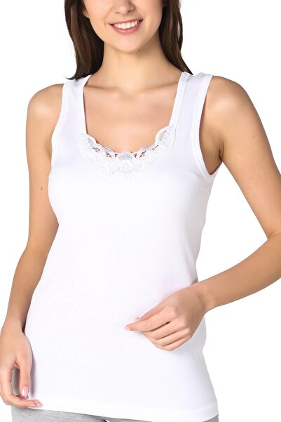 GÜMÜŞ Γυναικείο Λευκό Αθλητικό Τοπ με Φαρδιές Τιράντες και Δαντέλα