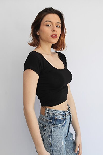 Rosse Butik Kadın Siyah U Yaka Crop Top T-shirt