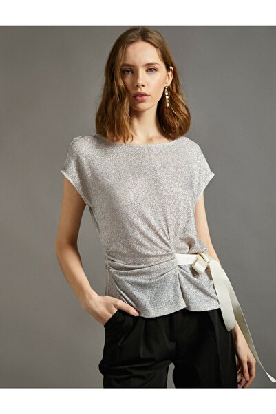 Koton Women's Lace Detailed Glittery Short Sleeve Blouse