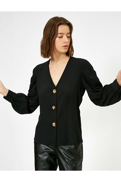 Koton Women's V-Neck Button Detailed Blouse