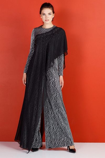 Esswaap Rochie de seara pelerina din sifon cu model argintiu argintiu
