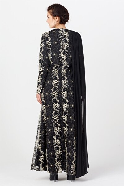 Esswaap Chiffon Cape Lace Evening Dress Black
