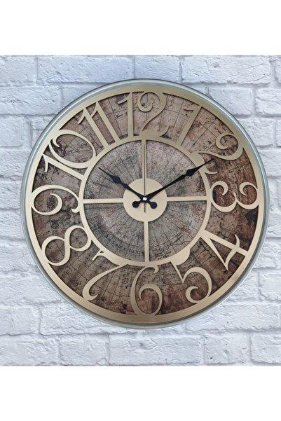 Markakanvas Metal Kasalı Eski Dünya Haritalı Duvar Saati Altın(gold) 50cm