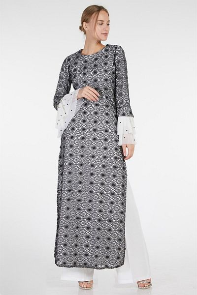 Esswaap Argintiu - Set de rochii de seara si pantaloni din dantela din tul cu maneci din 2 piese