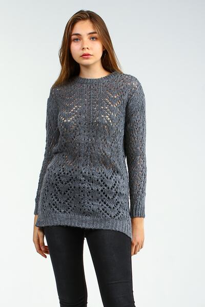 Collezione Antrasit Bisiklet Yaka Önü Örgü Delikli Desenli Uzun Kadın Kazak