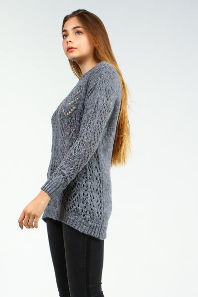 Collezione Antrasit Bisiklet Yaka Önü Örgü Delikli Desenli Uzun Kadın Kazak