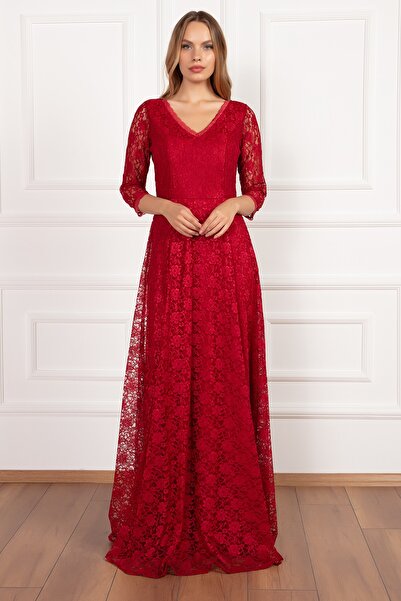 PULLIMM Kristy 3810-2 V Yaka Dantel Uzun Elbise