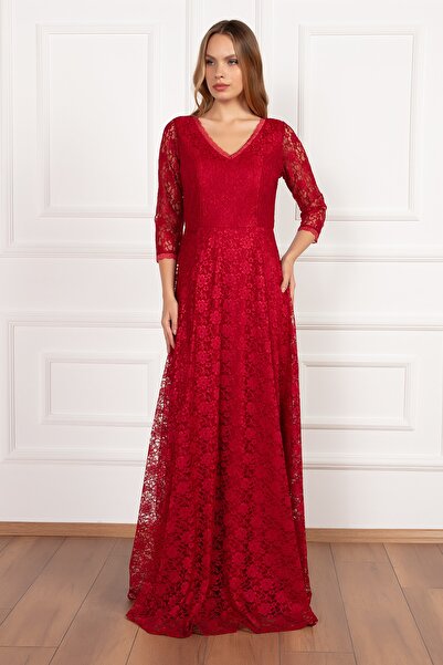 PULLIMM Kristy 3810-2 V Yaka Dantel Uzun Elbise