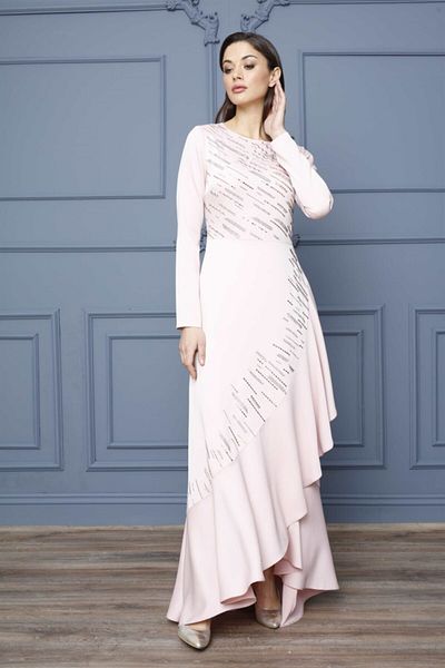 Esswaap Evening Dress with Ruffled Skirt and Jewelled Top Salmon