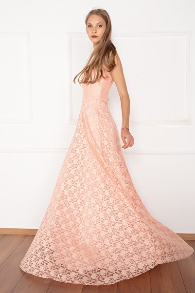 PULLIMM Elans 13103 Δαντελένιο μακρύ φόρεμα με λαιμόκοψη V