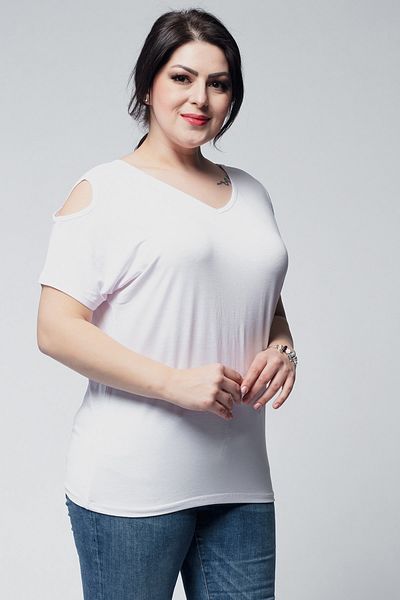 Ebsumu Women's Plus Size V-Neck Basic Off-the-Shoulder White T-Shirt