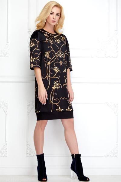Faberlic Black Half Sleeve Monogram Dress Size 34