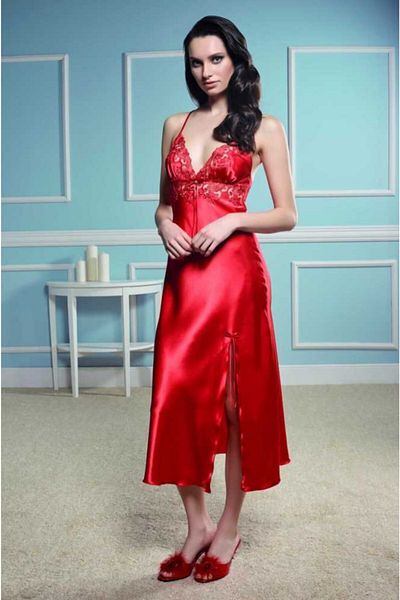 Espuar 810 Satin Lace Detailed Single Long Slit Nightgown