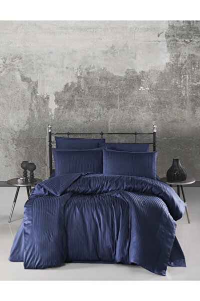 Ecosse Смугастий сатиновий комплект постільної білизни розміру King Size - Синій & Смугастий сатиновий комплект постільної білизни