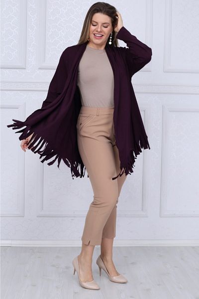 LİKRA Women's Purple Large Size Asymmetrical Cut Tasseled Loose Viscose Cardigan