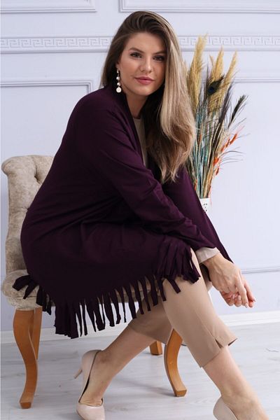 LİKRA Women's Purple Large Size Asymmetrical Cut Tasseled Loose Viscose Cardigan