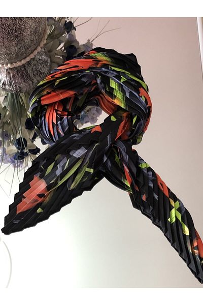 NFS BUTİK Hazan Flowers Patterned Pleated Silk Satin Scarf
