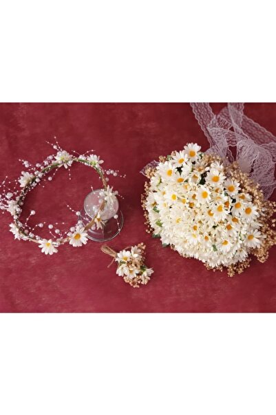 Evsay Papatya Gelin Buketi Ve Damat Yaka Çiçeği Ve Gelin Tacı