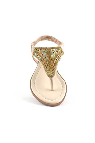 Shoes Center Gold Etnik Taşlı Lastikli Parmak Arası Kadın Sandalet