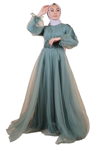 SpringStore Rochie de seară hijab brodata cu piatră, mentă, cu mâneci cu balon