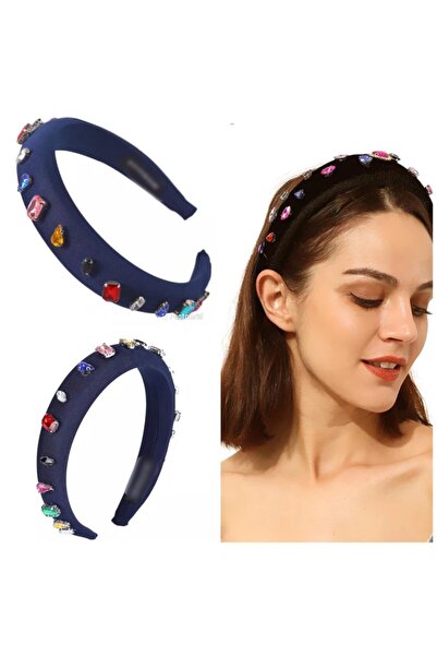 QUEEN AKSESUAR تاج لامع باللون الأزرق الداكن مع إسفنجة منحنية مطرزة بالأحجار ...