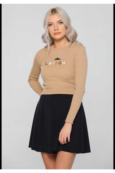 Jerusalema Kadın Kahverengi Baskılı Crop Bluz